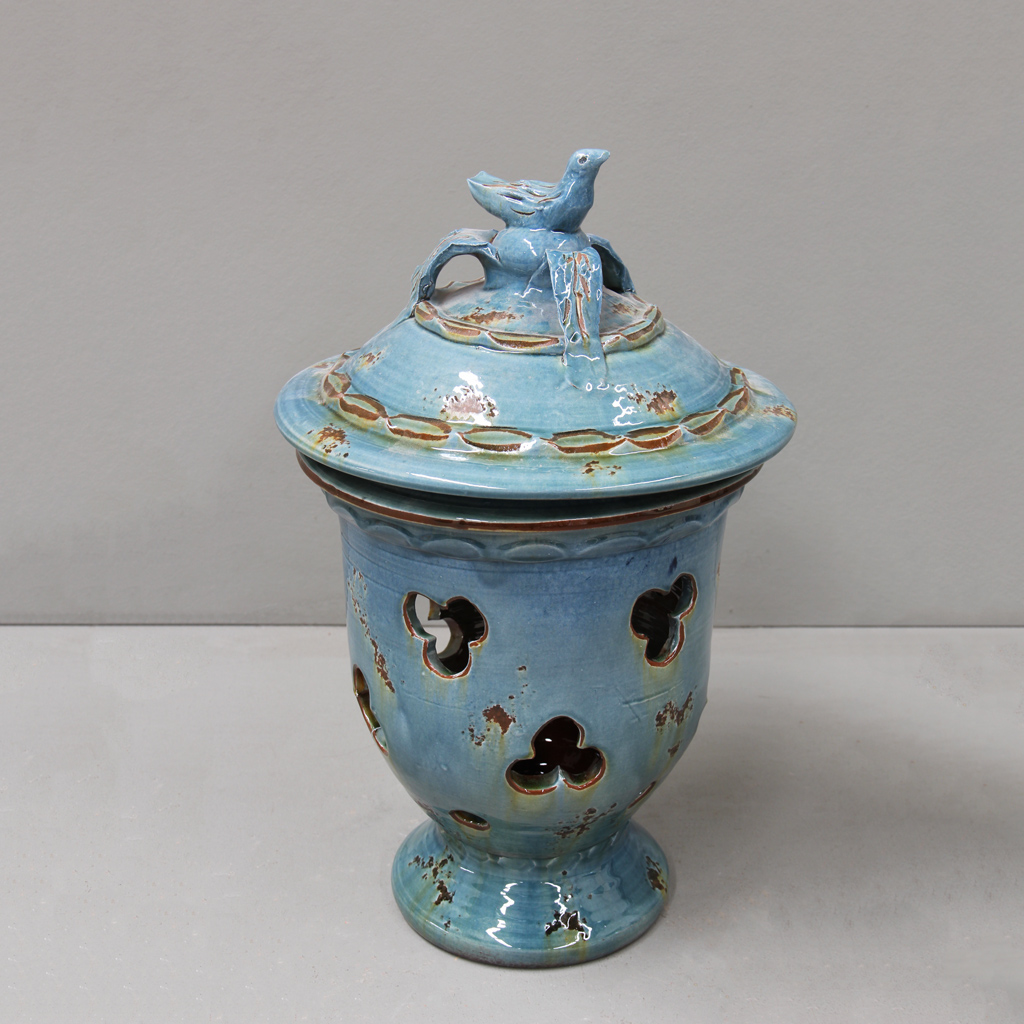 Aged Blue Lagoon Candle Holder with Bird Cover D33cm x H47cm