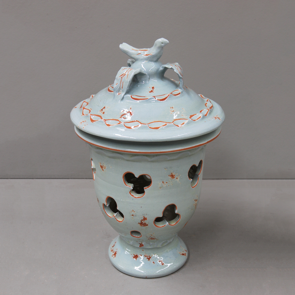 Aged Celadon Candle Holder with Bird Cover D33cm x H47cm